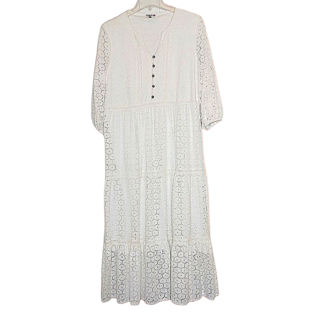 Fairhope White Cotton Blend Eyelet Tiered Maxi Dress Women's Sz Lg Cottagecore